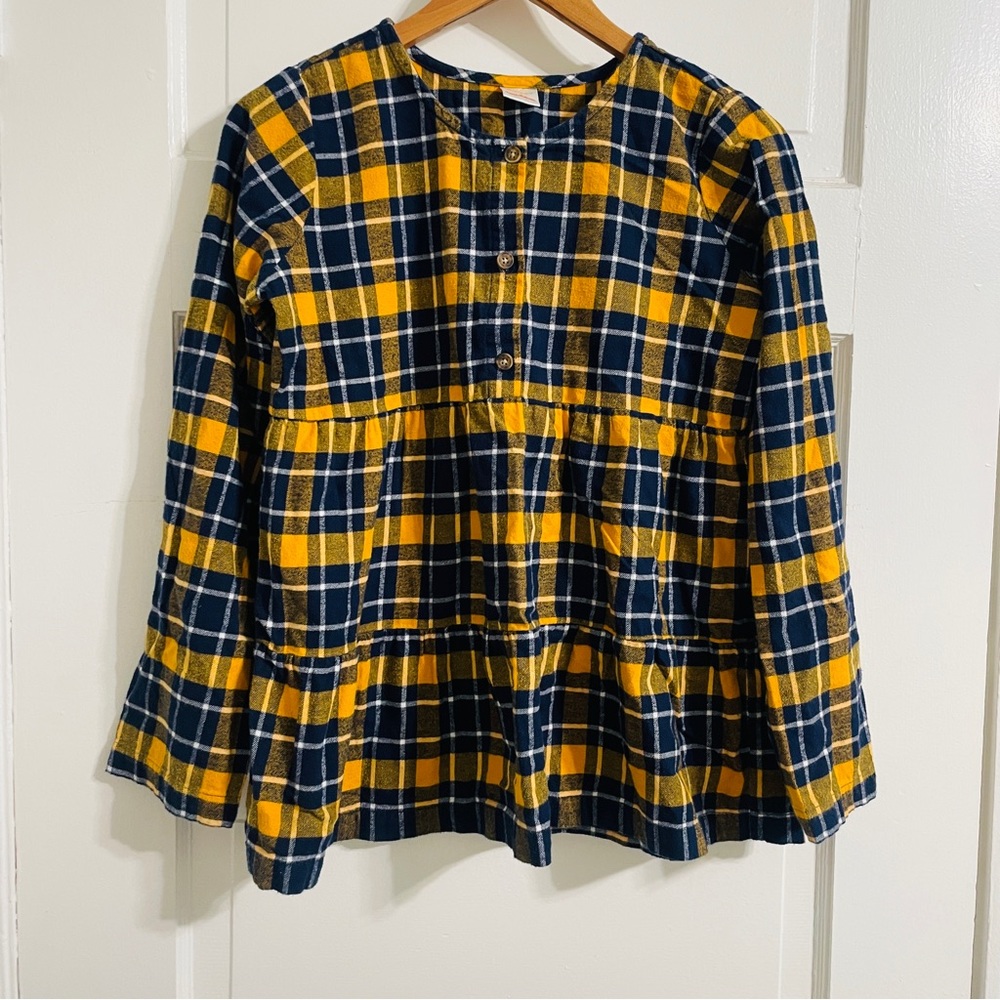 Hanna Andersson Blue & Yellow Plaid Button Down Long Sleeve Flannel Top
